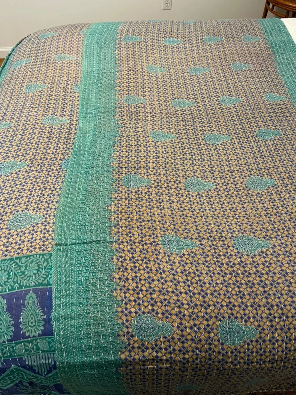 KANTHA QUILT HANDCRAFTED LIGHTWEIGHT REVERSIBLE BLANKET THROW BEDDING FROM INDIA - Picture 10 of 12